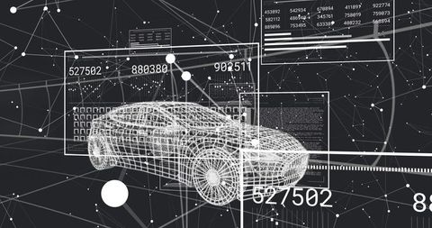3D Wireframe Sedan in Virtual Network Space with Data Panels