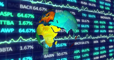 Rotating globe overlay with financial market data visual