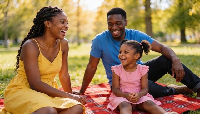 Black family enjoying sunny park picnic on red plaid blanket, mother in yellow sundress