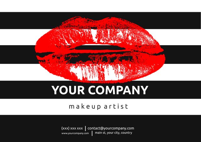 Ideal for promoting makeup artists who work at fashion events. This striking business card design features bold red lips over a stylish black and white striped background. Useful for creating memorable first impressions with potential clients in the beauty and fashion industry. Can be personalized with contact details for easy sharing.