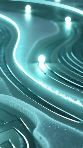 Vertical neon sphere traversing cyan circuit grooves, mapping glowing data pathways