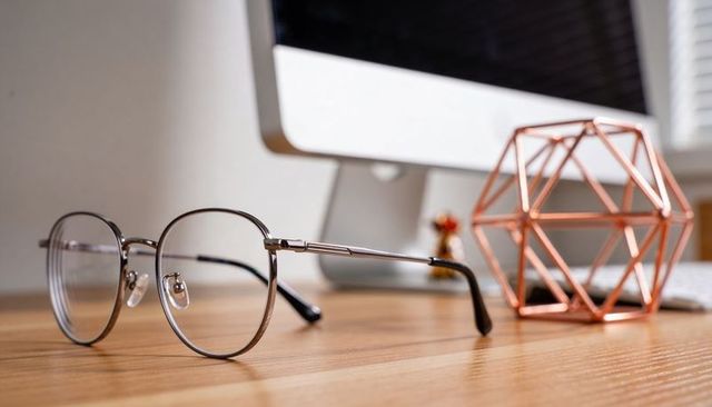Round metal eyeglasses resting on wooden desk with rose gold geometric decor