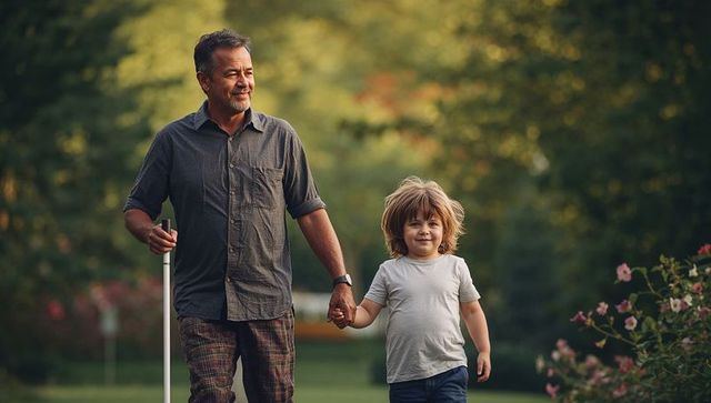Father walking with young son holding hands during golden hour in leafy park