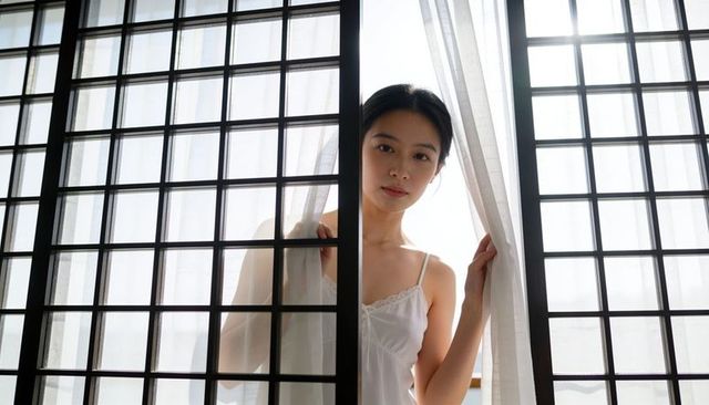 Asian woman pulling sheer curtain at backlit grid window wearing lace camisole