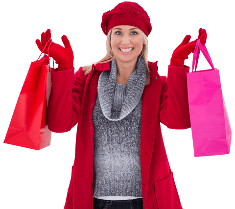 Cheerful Woman Holding Shopping Bags in Winter Clothes on Transparent Background