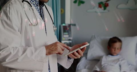 Doctor Using Tablet in Pediatric Ward Examining Young Patient