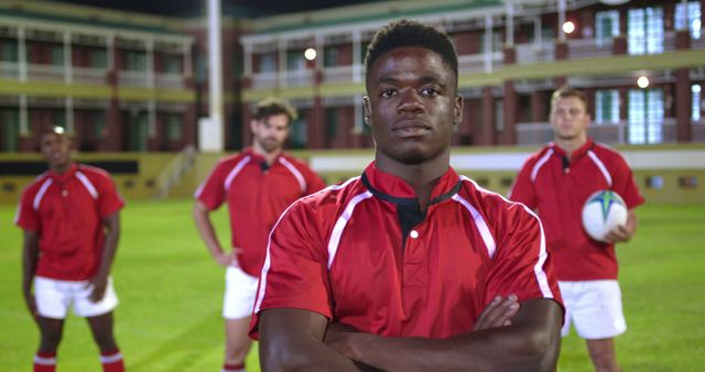 Confident Rugby Player Leading Team on Field - Download Free Stock Images Pikwizard.com