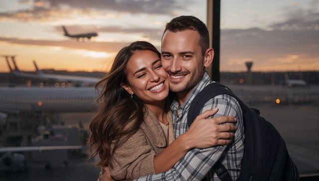 Couple embracing at airport window during sunset smiling travelers reuniting