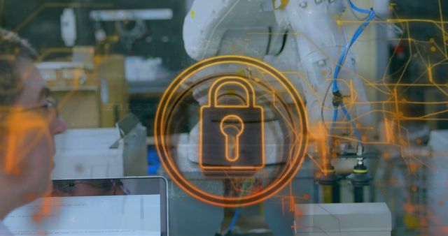 Image of security padlock icon and light trails over caucasian male engineer working at factory. Electronics repair service and technology concept