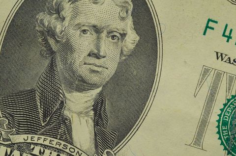 Close Up of Thomas Jefferson Portrait on Two Dollar Bill