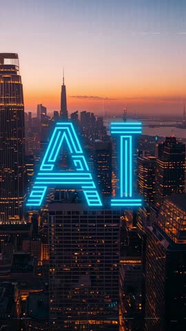 Neon AI Title Floating Over Futuristic City Skyline at Dusk | Vertical Tech Video