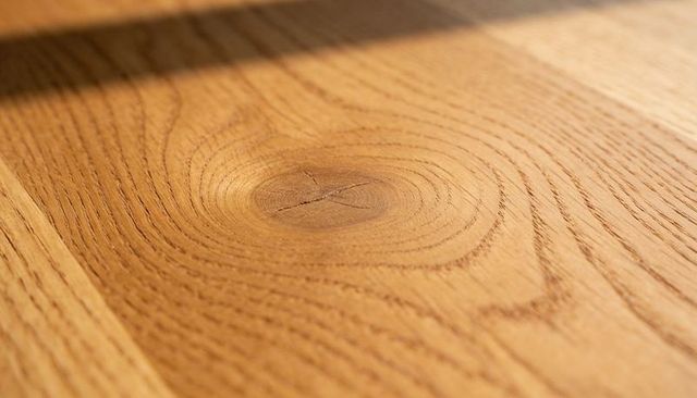 Close-up oak wood knot and grain on sealed tabletop with natural light texture detail