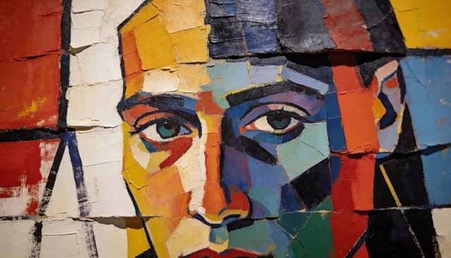 Displaying impasto color-block portrait with green eyes, abstract geometric mosaic