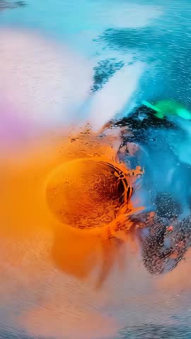 Expanding orange droplet mixing with swirling blue and green currents in fluid dynamics