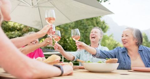Senior Friends Toasting Enjoying Outdoor Meal and Wine - Download Free Stock Images Pikwizard.com