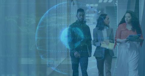 Colleagues collaborating with holographic globe in tech atmosphere