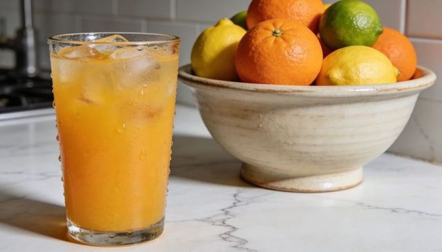 Iced orange juice glass with condensation on marble counter and bowl of citrus daylight