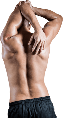 Transparent View of Shirtless Man Stretching Arm Muscles