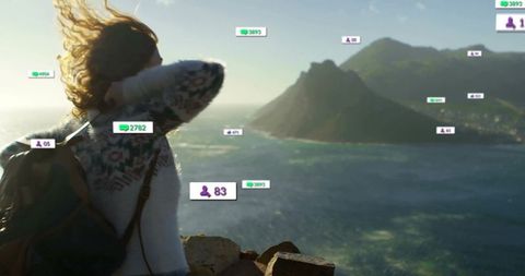 Woman Exploring Ocean Coastline with Digital Connectivity Concept