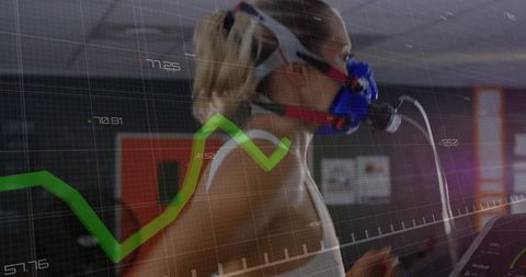 Female athlete running on treadmill during metabolic vo2 test with biometric graphs overlay