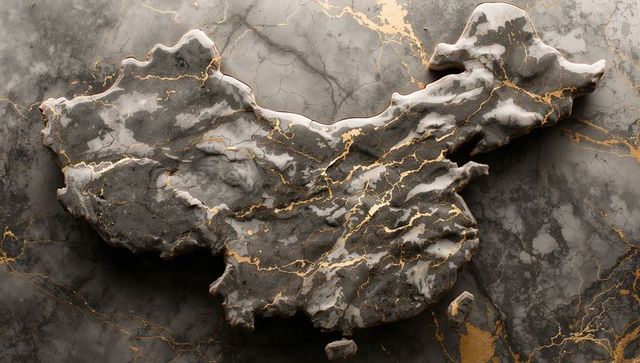 Elegant 3D Marble Relief Map of China with Gold Veins