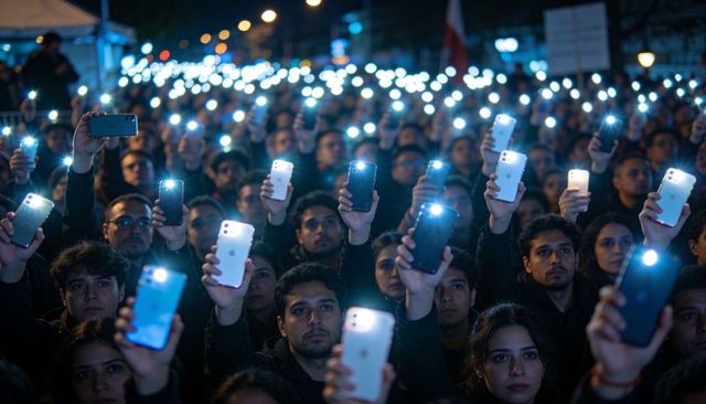 Crowd holding smartphones and raising phone lights during urban night vigil and gathering