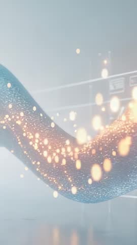 Emerging digital ribbon undulating with glowing particles in futuristic vertical video