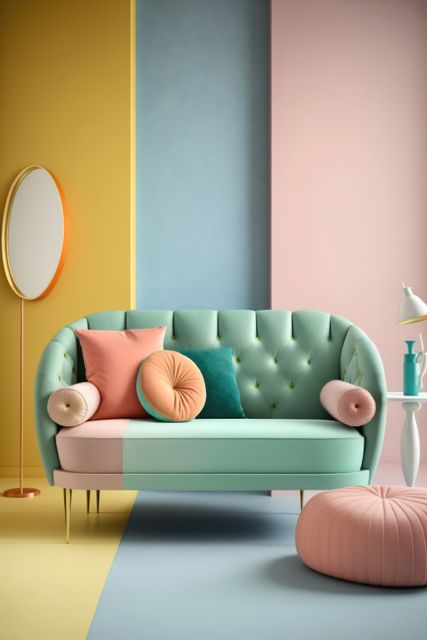 Peach and pastel green retro sofa with cushions and mirror, created using generative ai technology. Interior design, feminine, pastel colours vintage home decoration concept digitally generated image.