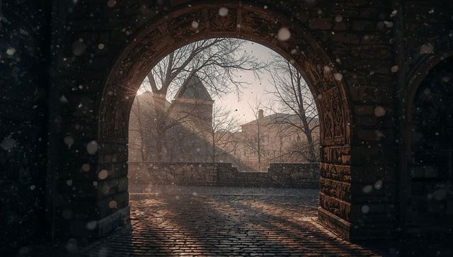 Ornate stone archway framing sunlit frosted courtyard and tower at winter dawn
