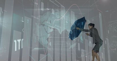 Businesswoman holds umbrella with mathematical formulas background