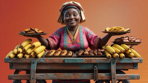 Cheerful haiti vendor at rustic cart holding traditional african dishes