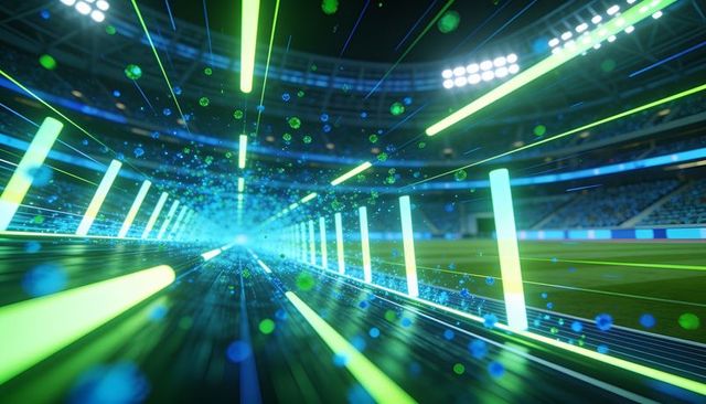Neon corridor of light along stadium sideline creating futuristic sports arena atmosphere