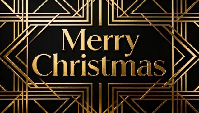 Gold foil merry christmas typography featuring art deco geometric frame and embossed metallic