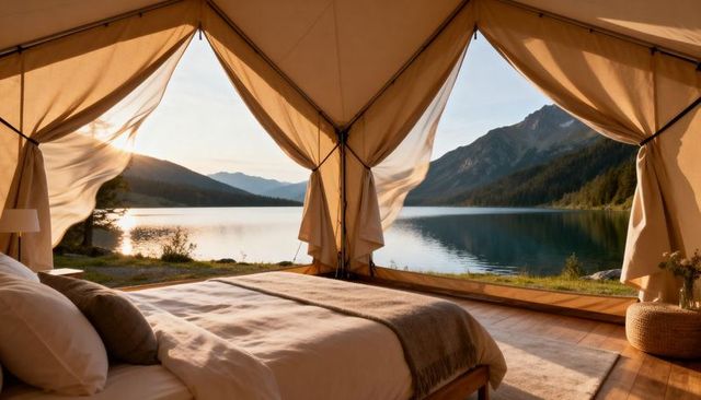 Luxury glamping suite overlooking tranquil alpine lake at golden hour with king bed