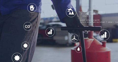 Warehouse logistic process with digital interface overlaying analytics