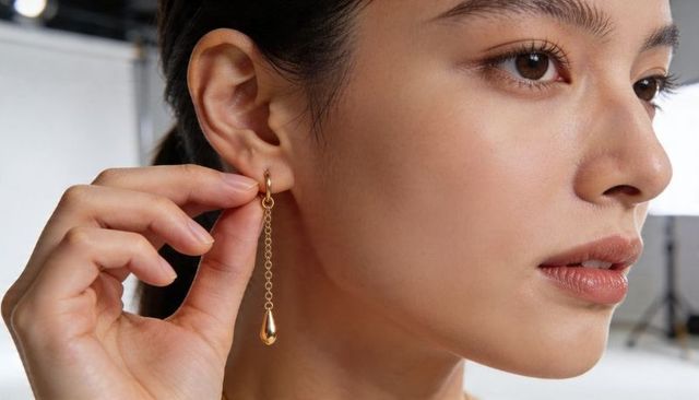 Asian woman adjusting long gold drop earring minimalist fashion closeup portrait
