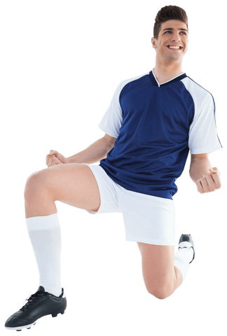 Excited Football Player Kneeling on Field Celebrating Success