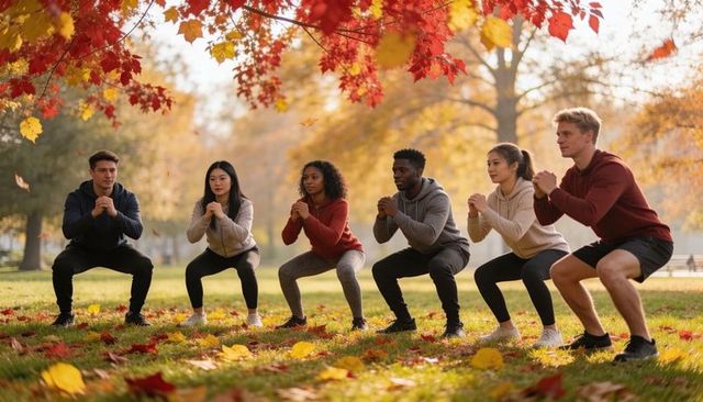 Group doing squats in sunlit autumn park showing fitness teamwork and diversity