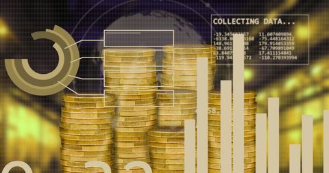 Gold Coins and Digital Data Concept Illustrating Global Finance