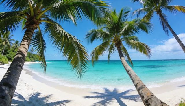 Swaying leaning coconut palms framing turquoise water and white sand tropical paradise