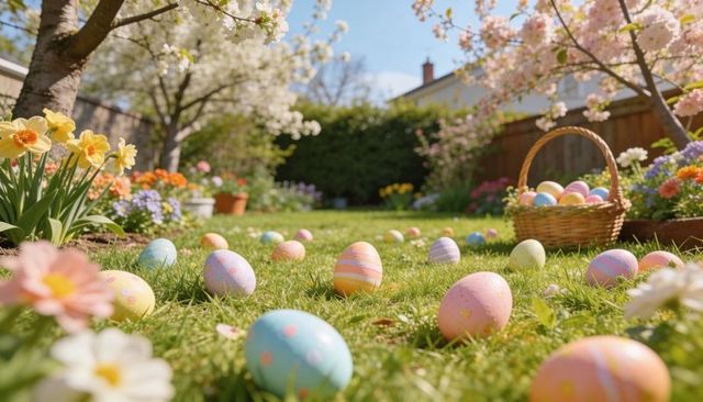 Pastel easter egg hunt in sunlit spring backyard with blossoming trees and wicker basket