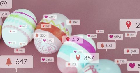 Displaying pastel easter eggs overlaid with media notification badges on mauve surface