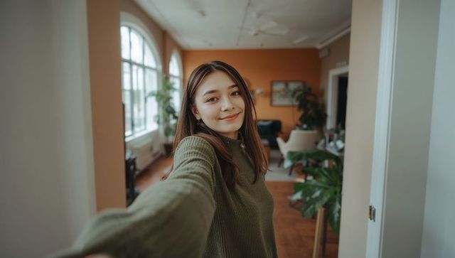 Smiling young woman taking selfie in cozy sunlit living room with arched window and plants
