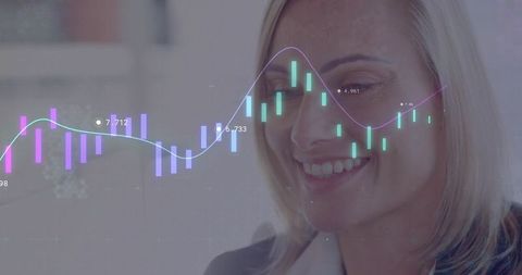Smiling businesswoman analyzing purple and teal candlestick charts overlay for finance