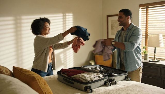 Couple packing suitcase together in sunlit bedroom preparing relaxed weekend or vacation