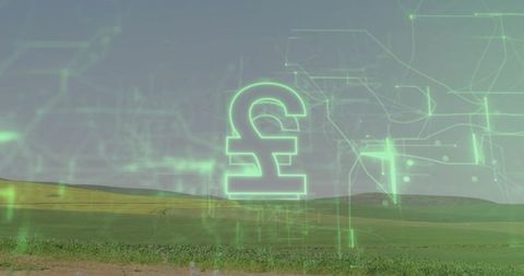 Glowing holographic pound hovering over rural landscape for digital currency and fintech