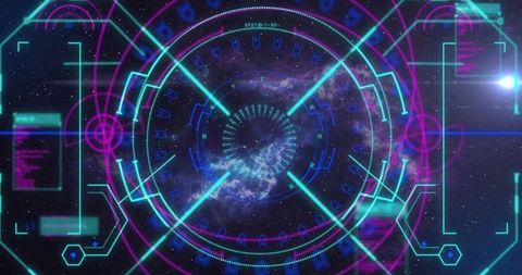 Futuristic holographic HUD reticle projecting neon cyan and magenta crosshair over galaxy