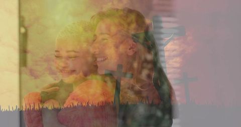 Warm embrace two women overlaid with three crosses sunset double exposure spiritual support
