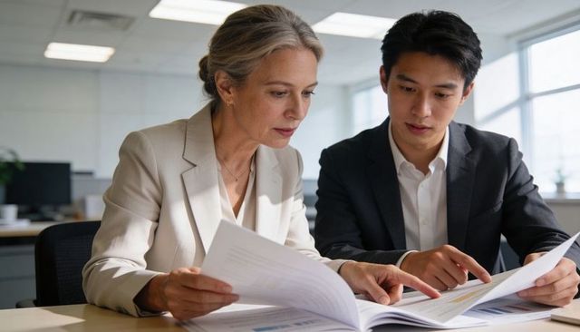 Senior executive mentoring young Asian analyst reviewing financial report and charts