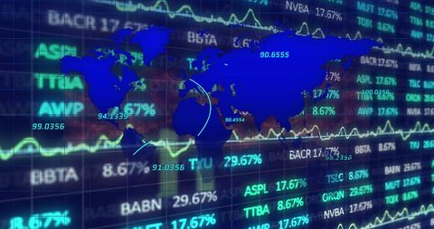 Global stock market trends and data with world map overlay